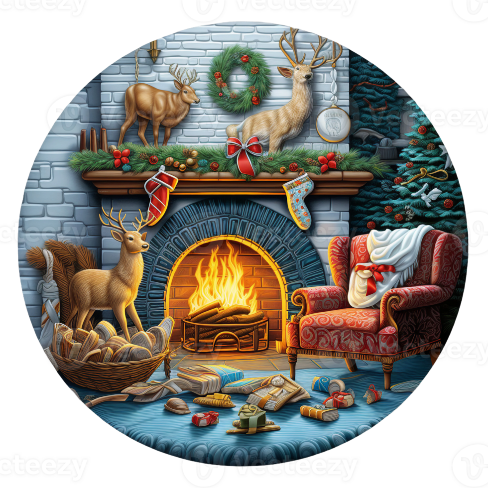 3d Christmas winter round sublimation sign, reindeer inside house AI Generated png