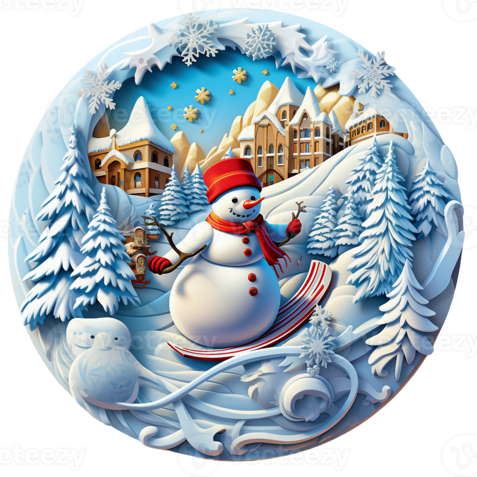 a 3D snowman with snow covered floral wreath and pine tree, Christmas round sign sublimation AI Generated png