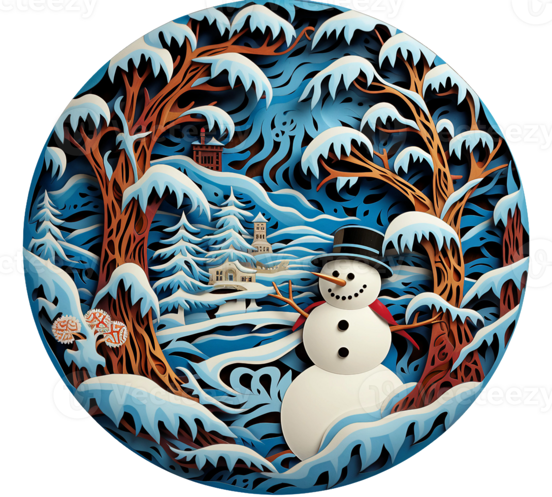 a 3d snowman with snow covered tree, river, mountain, winter scene, Christmas round sign sublimation AI Generated png