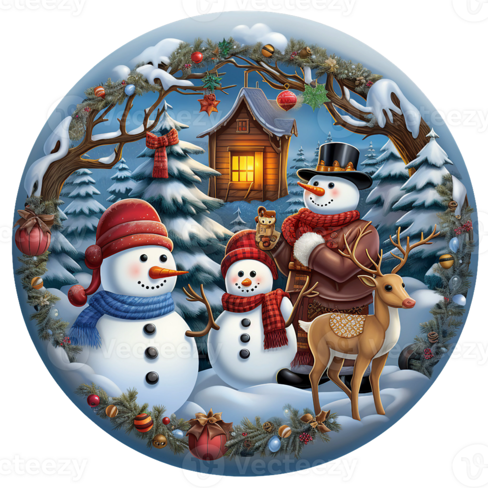 3d snowman family with reindeer and snow covered christmas tree, Christmas round sign sublimation AI Generated png