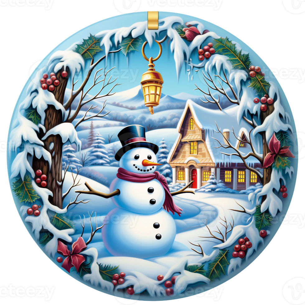 a 3D snowman with holy leaf wreath covered with snow, winter scene, Christmas round sign sublimation AI Generated png