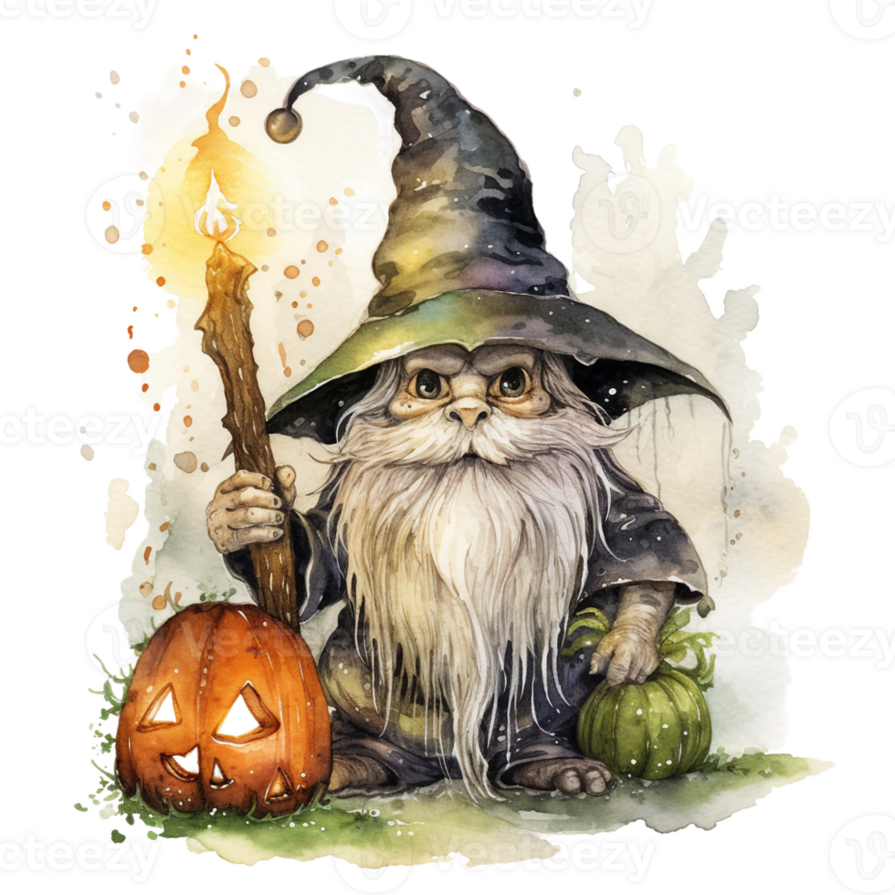 Halloween green gnome wizard clipart with witch hat, pumpkin and magic broom AI Generated png