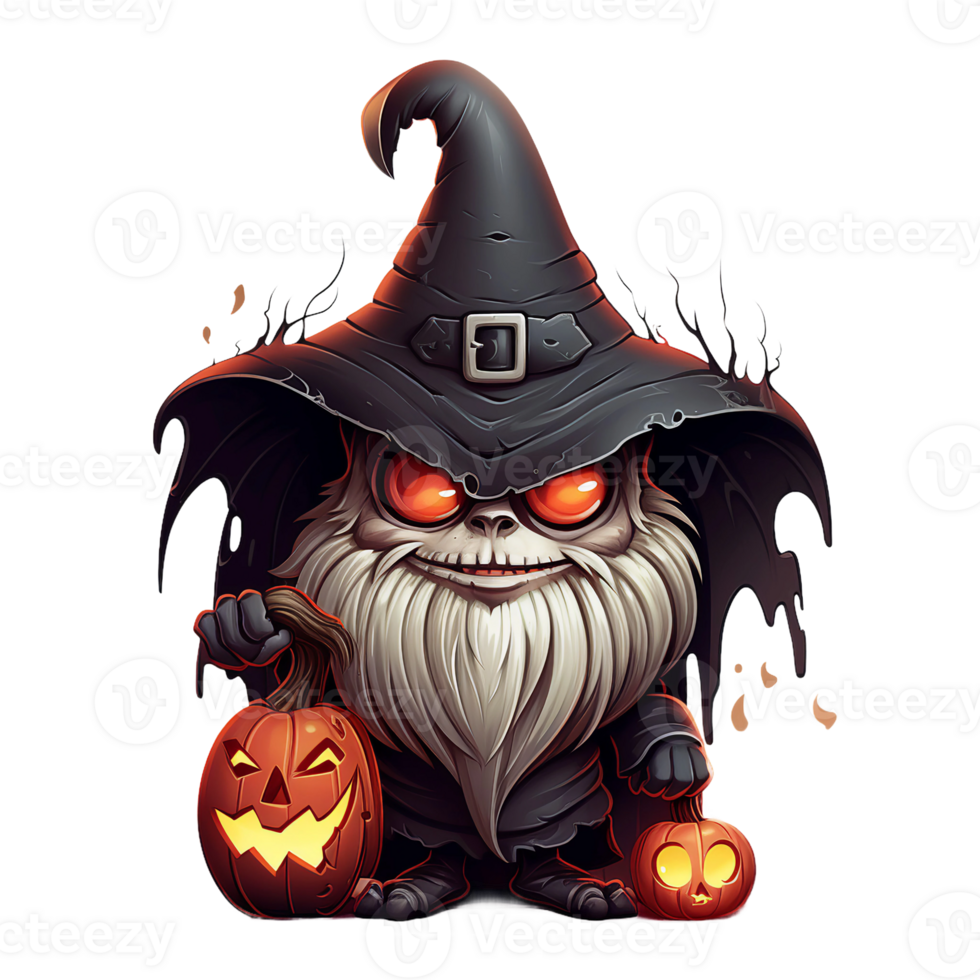 Halloween gnome sorcier avec sorcière chapeau, citrouille et rouge effrayant œil clipart ai généré png