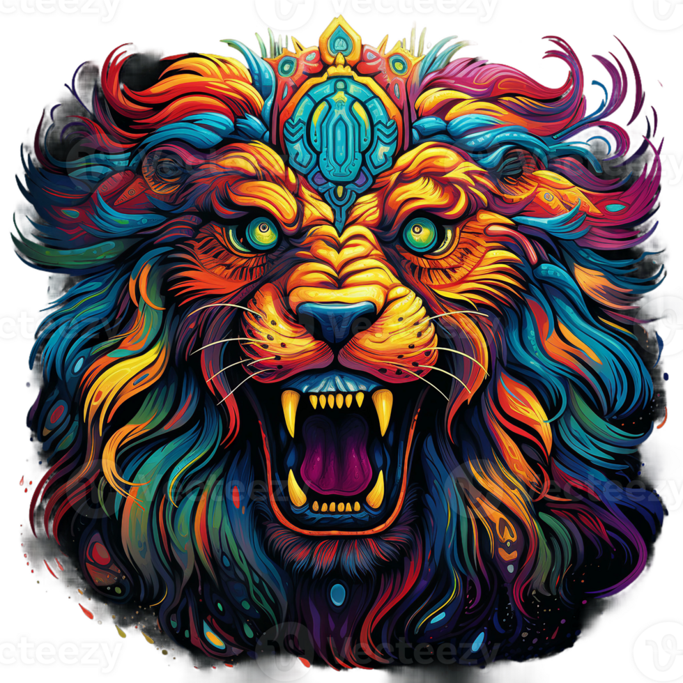 Colorful lion head, blue glowing eye, wild and scary expression in face illustration, psychedelic lion clipart AI Generated png