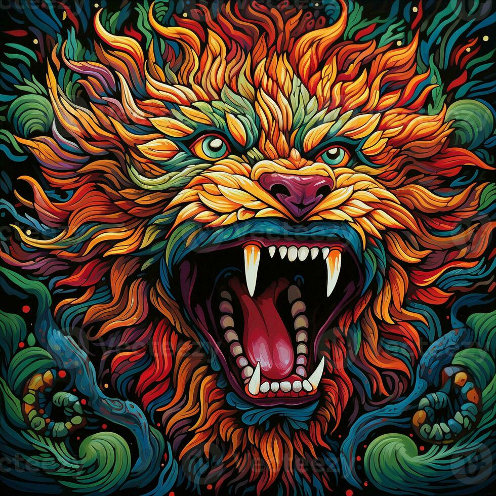 vistoso salvaje majestuoso león cabeza ilustración, psicodélico león clipart ai generado foto