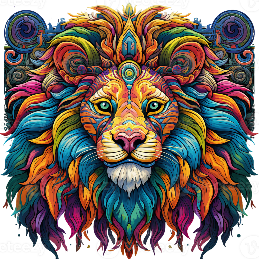 Colorful lion head illustration, psychedelic lion clipart, majestic wilderness, blue,green,yellow, orange,pink,red. AI Generated png