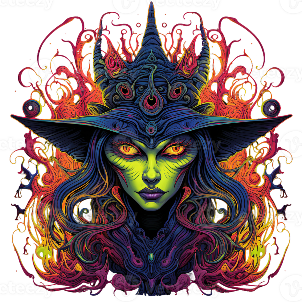 Gaze into the Unknown, Psychedelic Halloween Witch with Glowing Eye AI Generated png