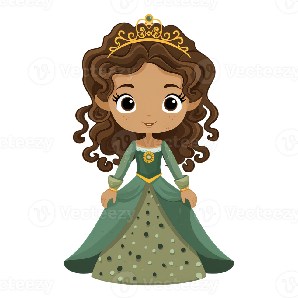 Little cartoon Princess watercolor clipart with brown hair, golden crown and green dress, full body  AI Generated png