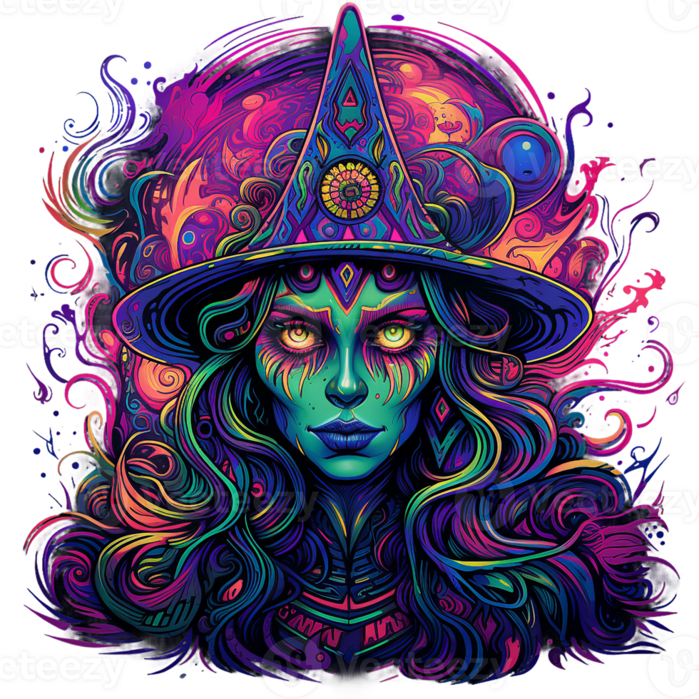 betoverend psychedelisch Purper blauw halloween heks, gloeiend ogen, levendig tribal kleuren ai gegenereerd png