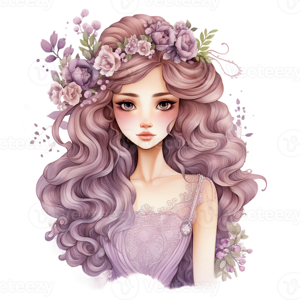 Princess watercolor clipart with with long pink hair, flower crown, purple dress and looking front. AI Generated png