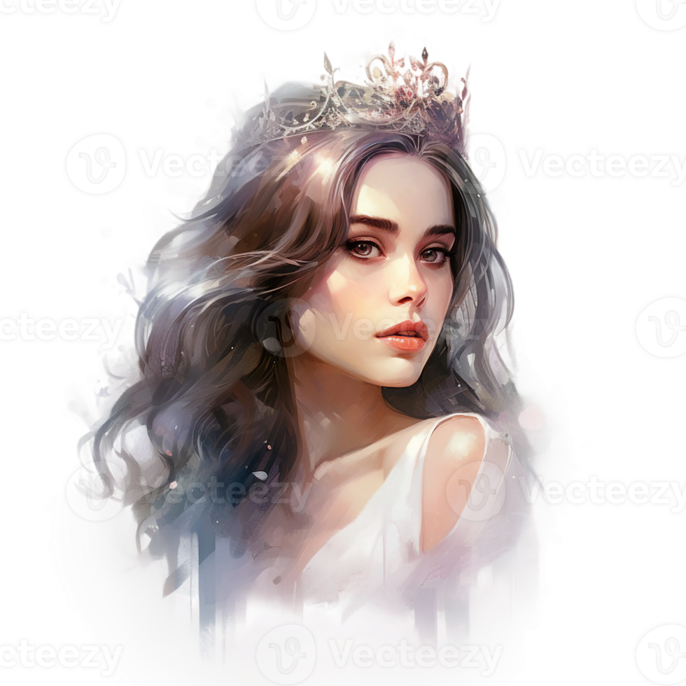 Princess watercolor clipart with white dress, golden queen crown black shiny hair AI Generated png