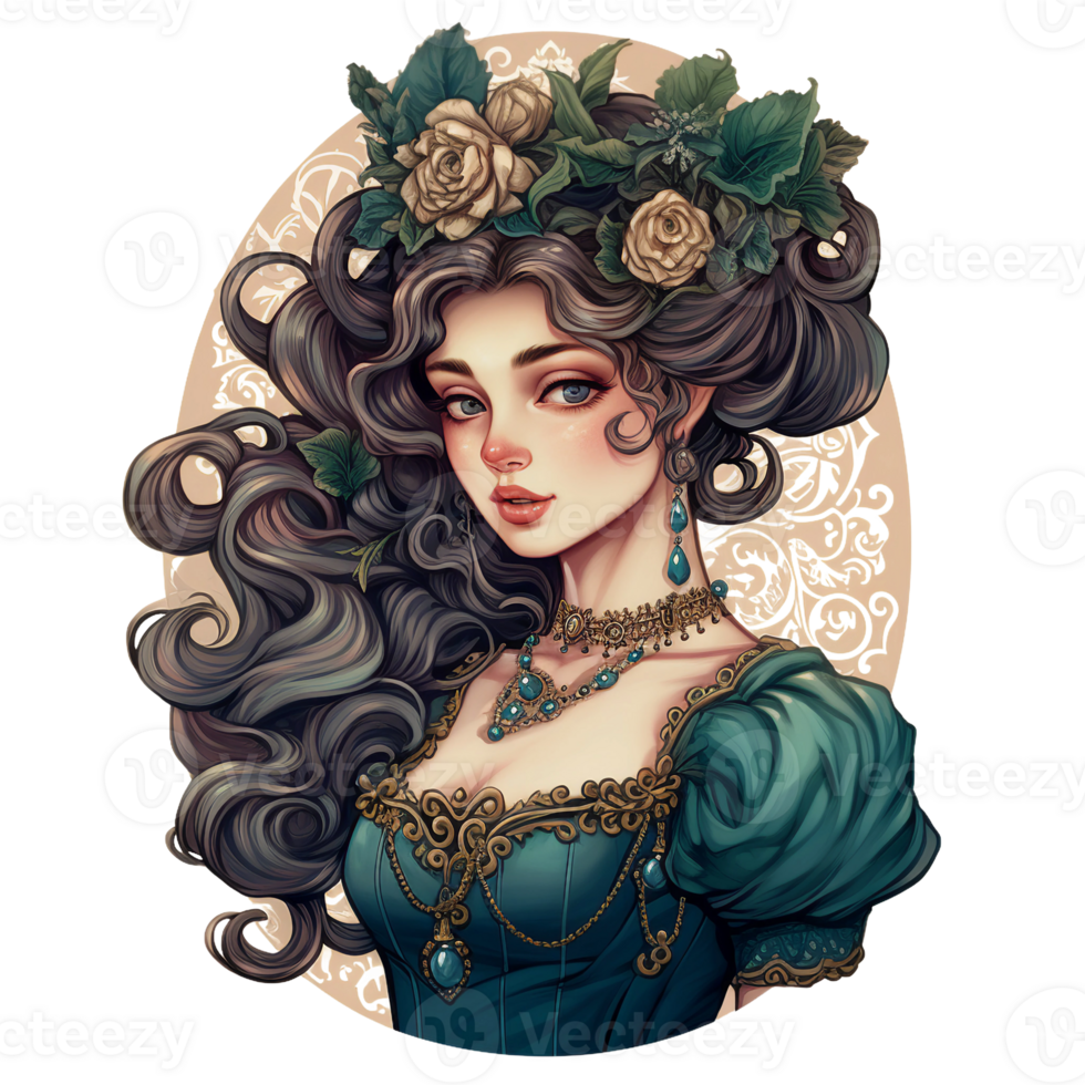 Princess watercolor clipart with black long hair, floral crown, green Victorian style dress and ornaments.  AI Generated png