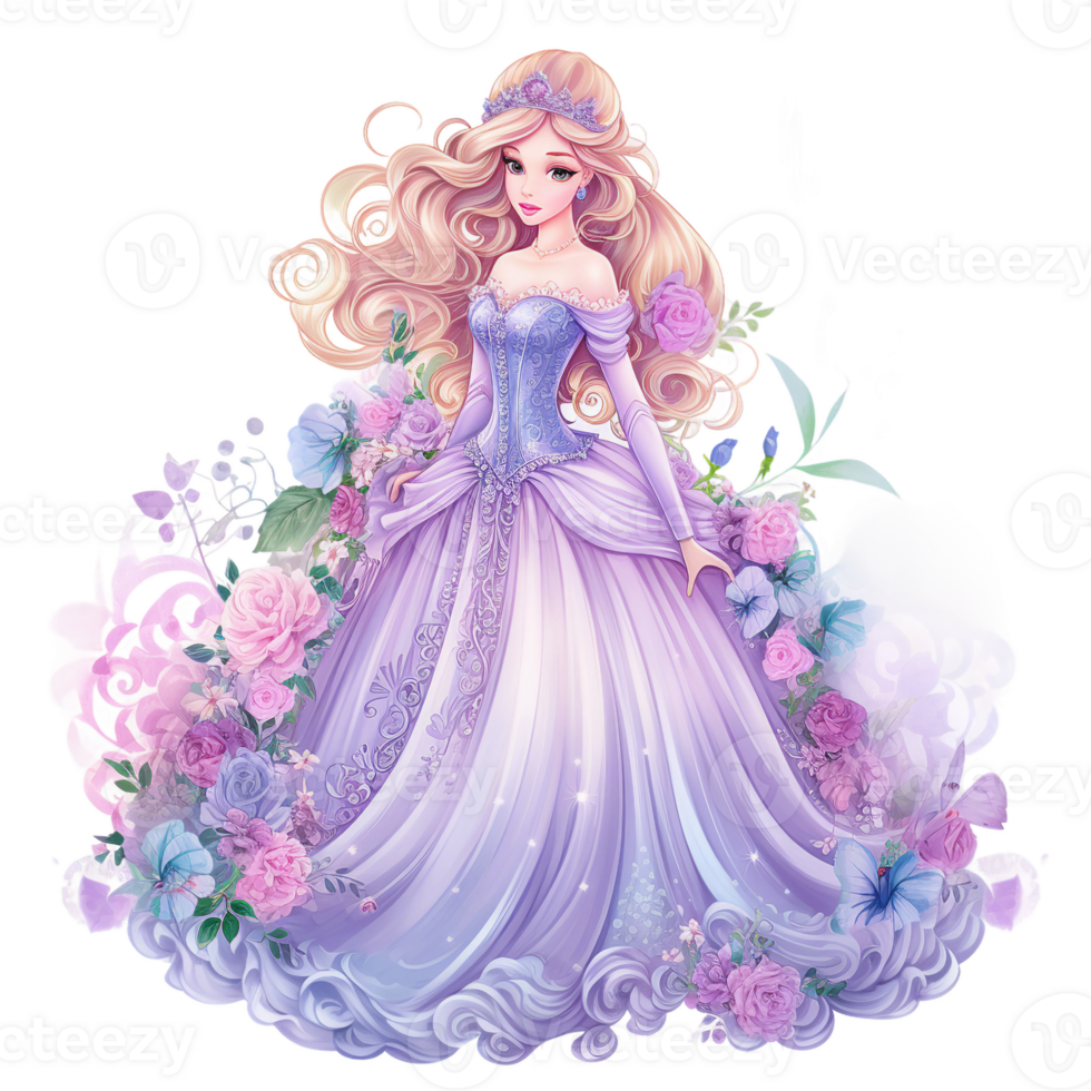 peu Princesse aquarelle clipart avec marron cheveux, rose fleurs, longue robe, Regardez comme poupée ai généré png
