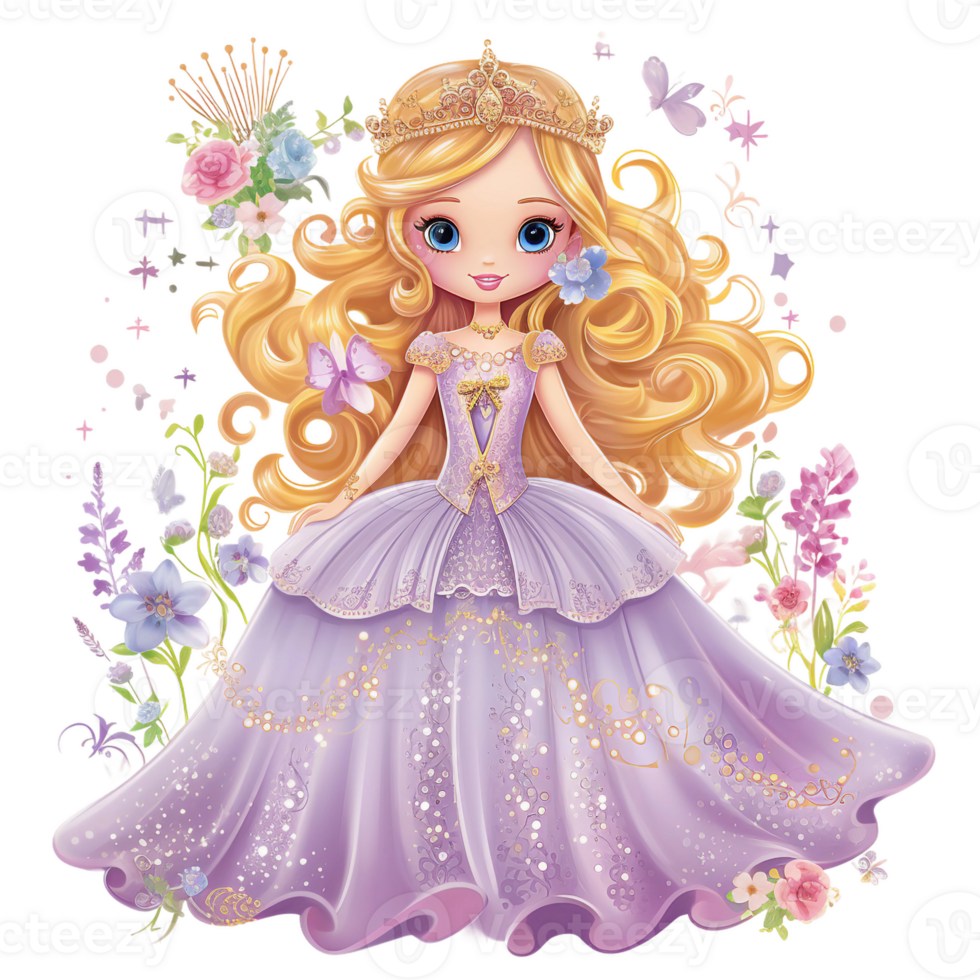 pequeno Princesa aguarela clipart com dourado cabelo, cheio corpo ilustração com grandes decorativo vestir, floral elementos. ai gerado png