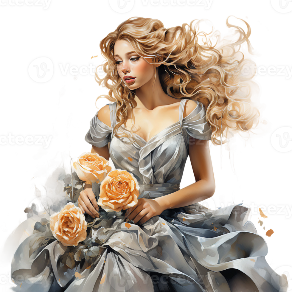 Full body shot illustration of a Princess watercolor clipart with blonde hair, gray color dress and holding pink rose AI Generated png