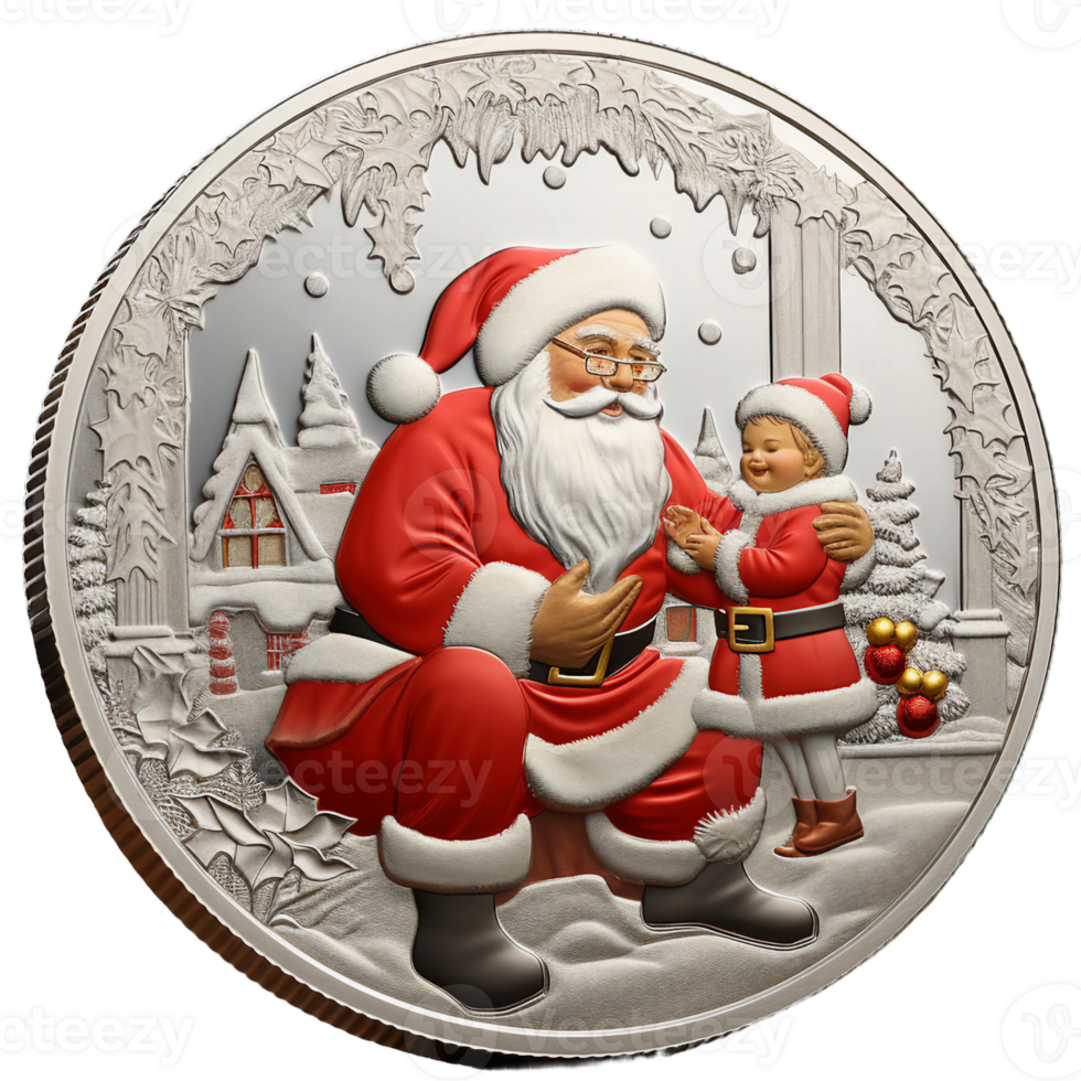 Christmas Santa claus in old coin illustration style, santa playing with a kid in red dress, christmas ornament,engraved metal art AI Generated png