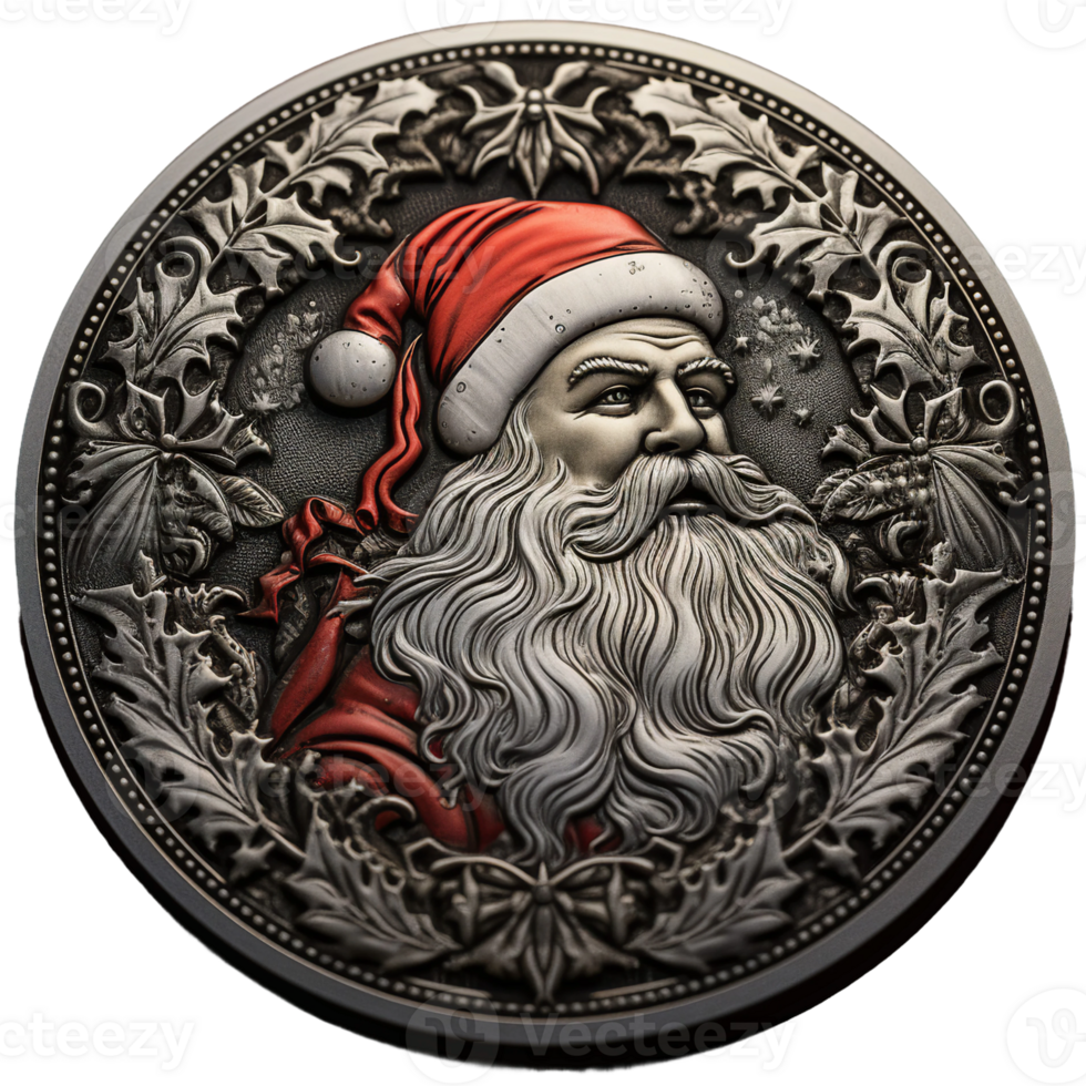 Christmas Santa Claus in old coin illustration style, Santa in red with holy leaf wreath, engraved metal art AI Generated png