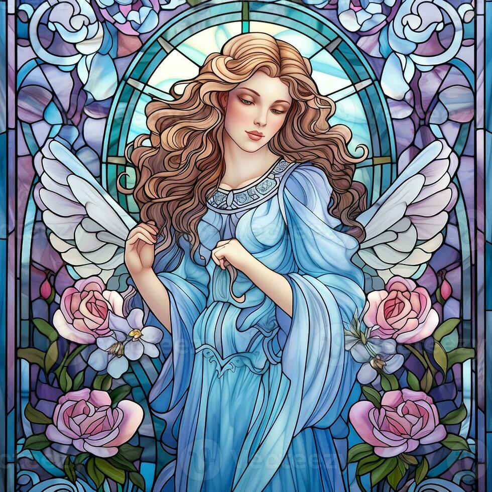 stained glass window angel with floral elements AI Generated 27241846