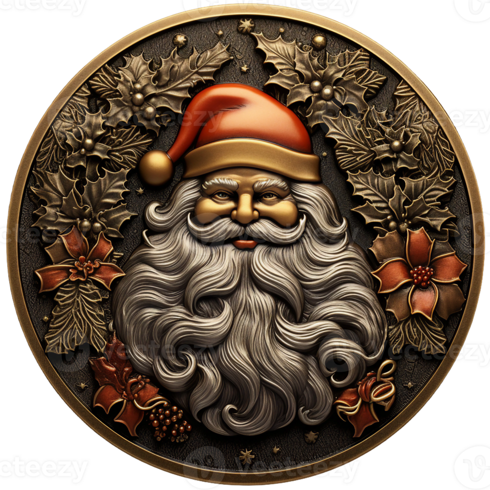 Christmas Santa claus in old coin illustration style, rustic antique gold ornament, santa face with holy leaf wreath, engraved metal art AI Generated png