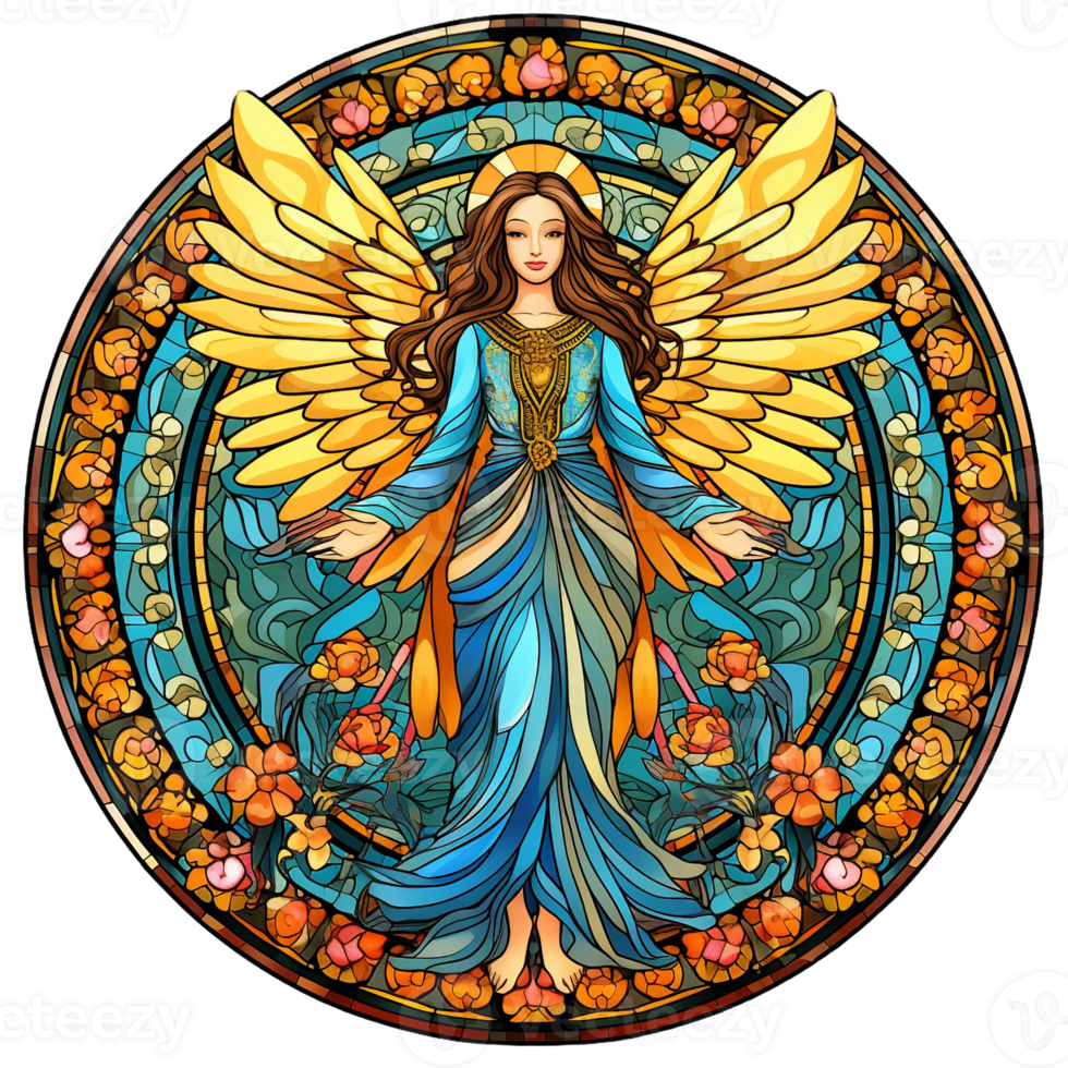 stained glass window angel with yellow wings and blue ornamental design round frame. AI Generated png
