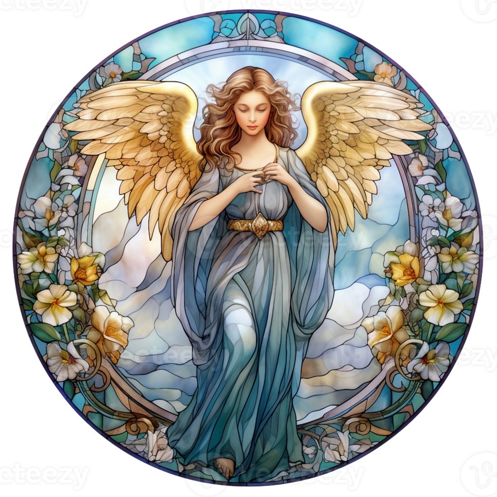 stained glass window with angel with her wings surrounded by floral wreath round AI Generated png