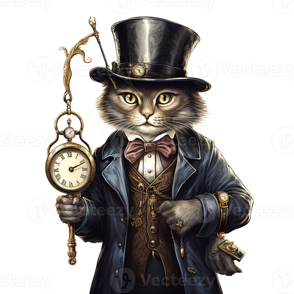 Victorian cat wearing early 1900's costume with detective hat and vintage clock AI generated png