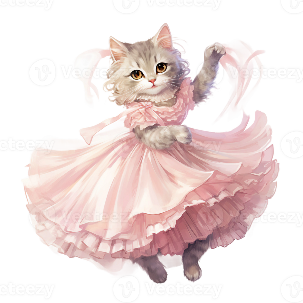 Victorian cat wearing early 1900's costume with pink color, watercolor clipart AI generated png