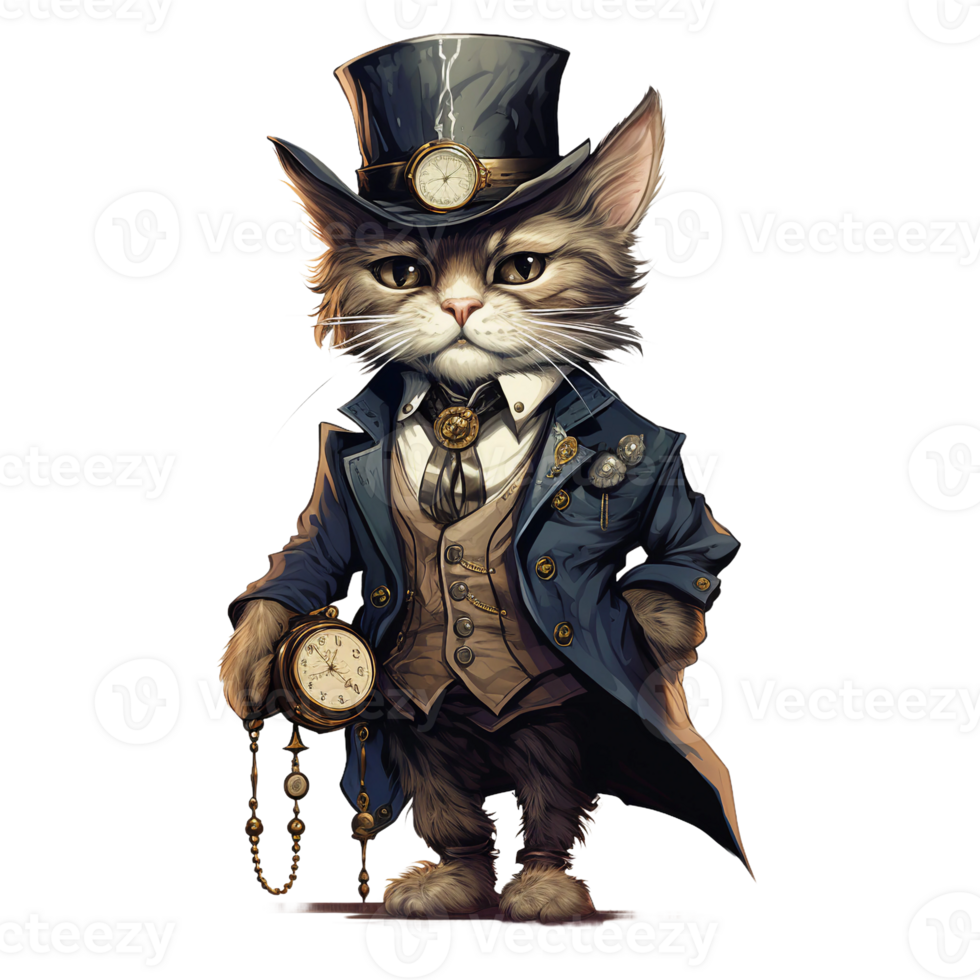 viktorianisch Katze tragen früh 1900er Jahre Kostüm von ein Detektiv Forscher mit ein Jahrgang viktorianisch Uhr und Kompass, Aquarell Clip Art ai generiert png