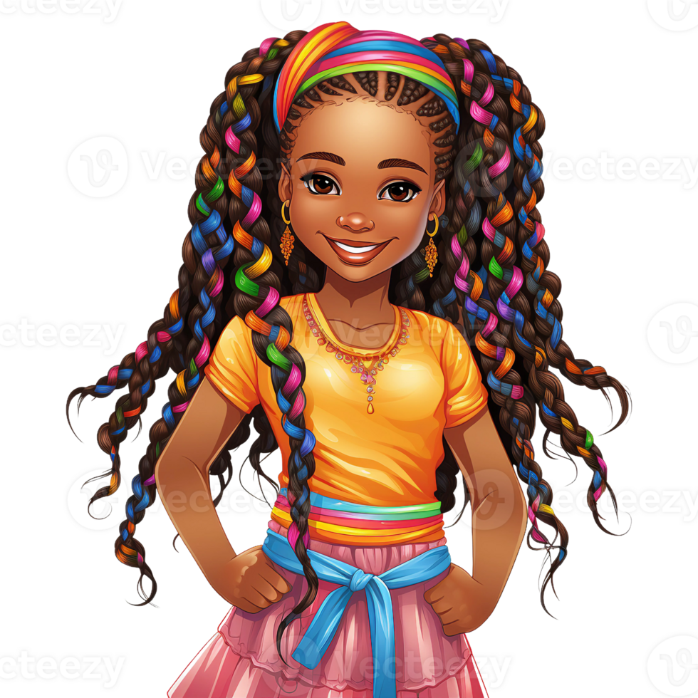 linda pequeño negro afroamericano niña pelo trenza en negro cabello, adornado con vistoso cordón y cabeza banda, vistiendo amarillo vestir con un sonriente cara acuarela clipart ai generativo png