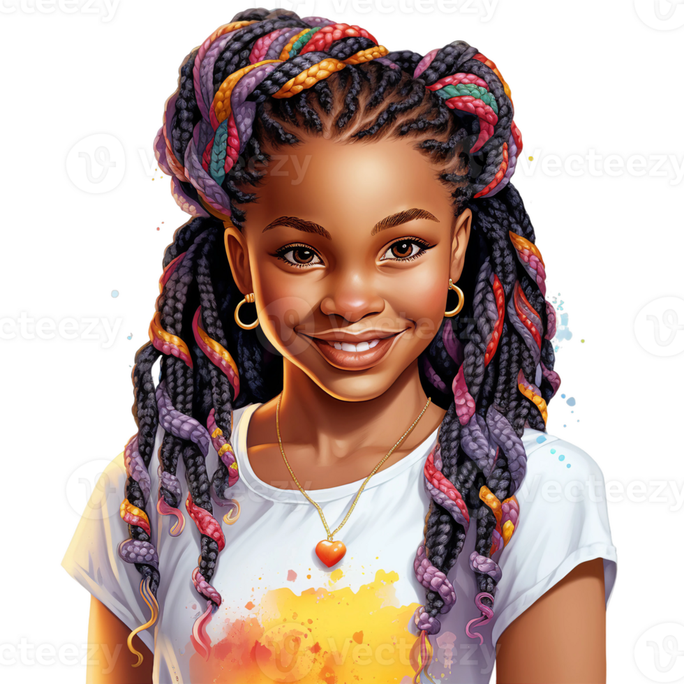 linda pequeño negro afroamericano niña pelo trenza en negro pelo con tribal diseño estilo vistiendo blanco vestir con un calentar sonrisa acuarela clipart ai generativo png