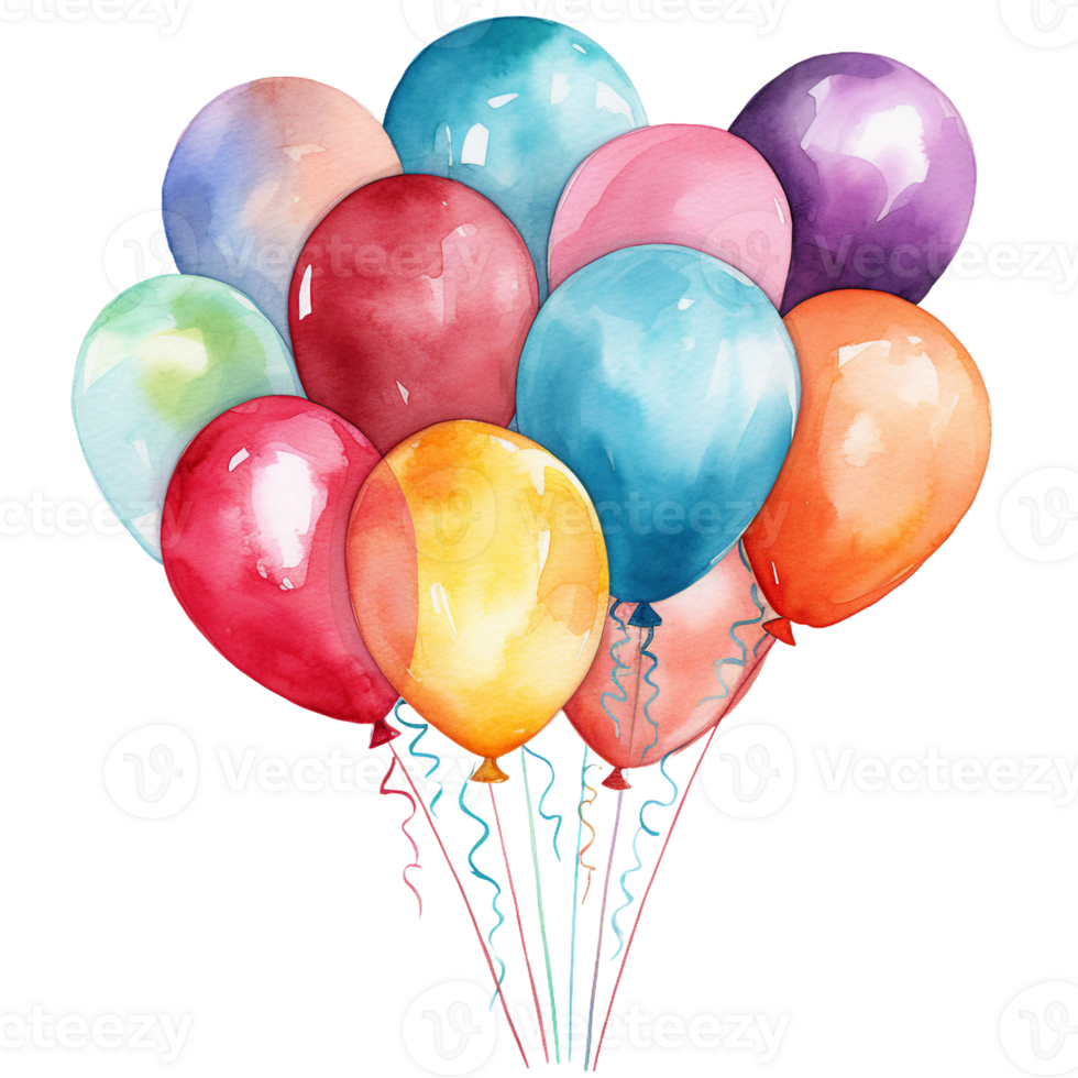 Watercolor birthday balloon, yellow, blue, green, purple orange colors for celebration, vibrant and bright AI Generated png