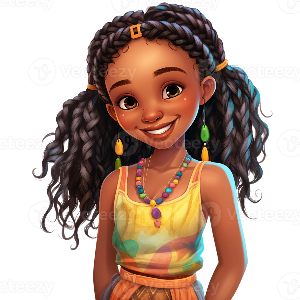 mignonne peu noir Afro-américain fille cheveux tresser, en riant expression, noir cheveux tresser, Jaune robe, tribal ornement aquarelle clipart ai génératif png