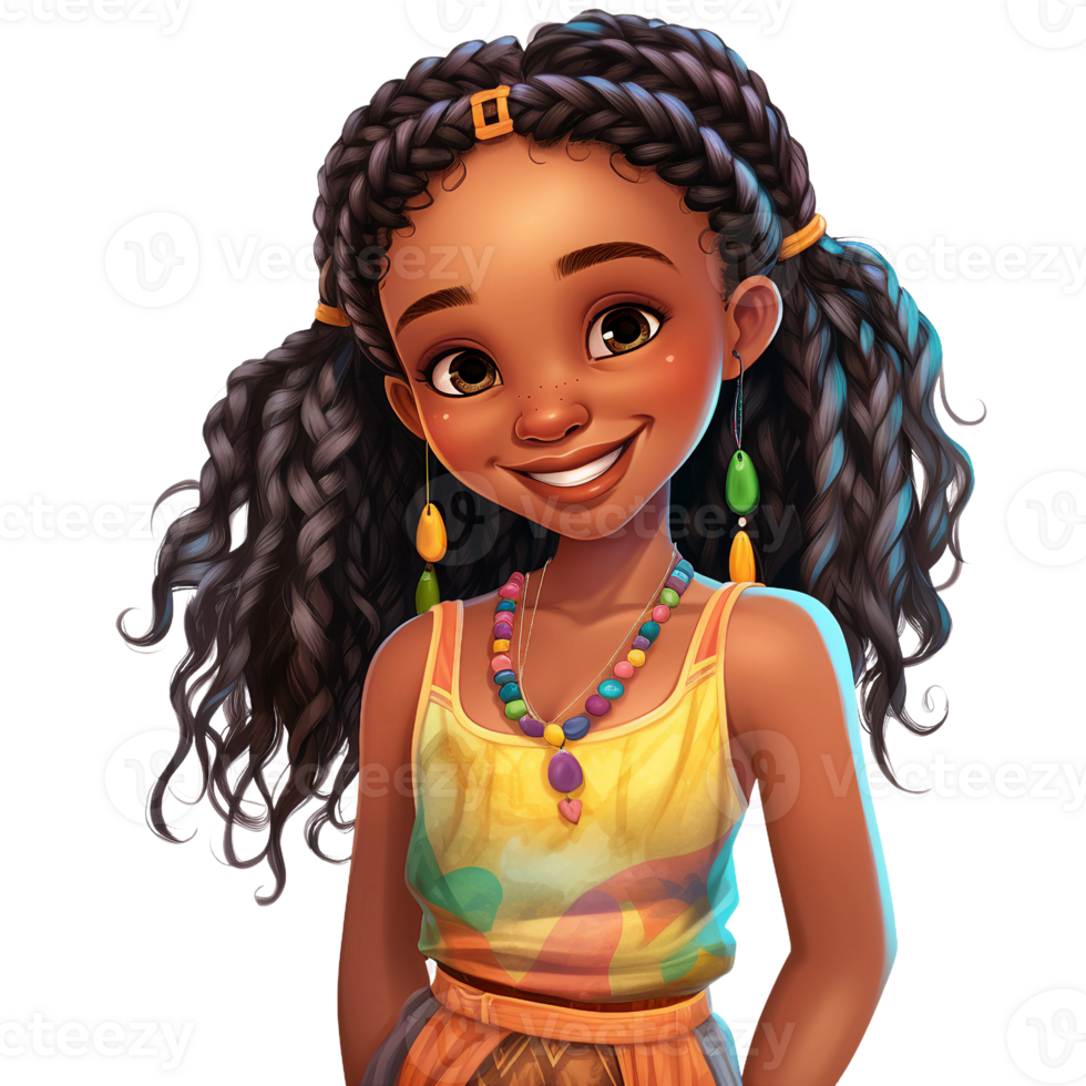 fofa pequeno Preto afro-americano menina cabelo trança, rindo expressão, Preto cabelo trança, amarelo vestir, tribal enfeite aguarela clipart ai generativo png