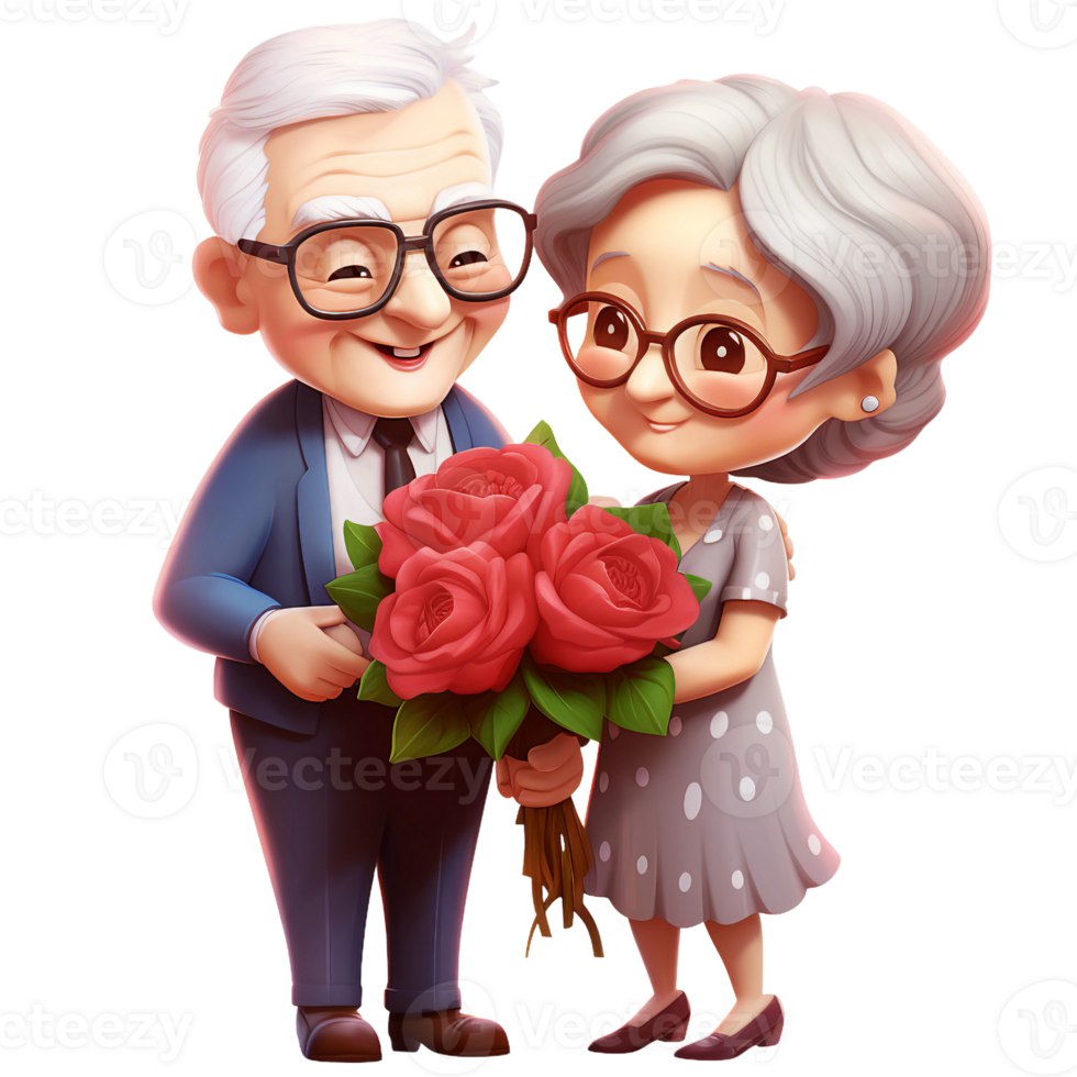 Chibi elderly old couple grandma-grandpa together hold a rose flower bouquet standing position, digital clipart AI Generated png