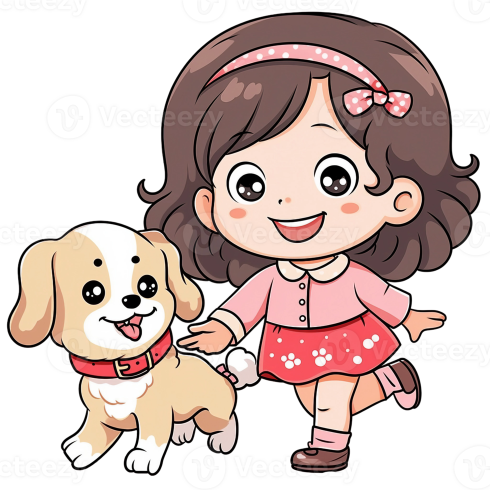 A cute little girl with her dog playing, chibi girl digital clipart, happy and girl with dog walking AI generated png