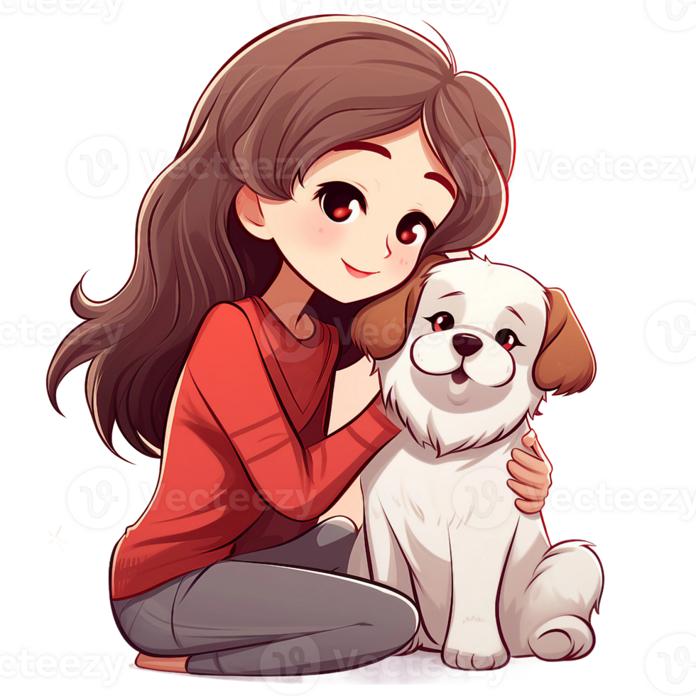 A cute little girl with her dog playing, chibi girl digital clipart, dog mom AI generated png
