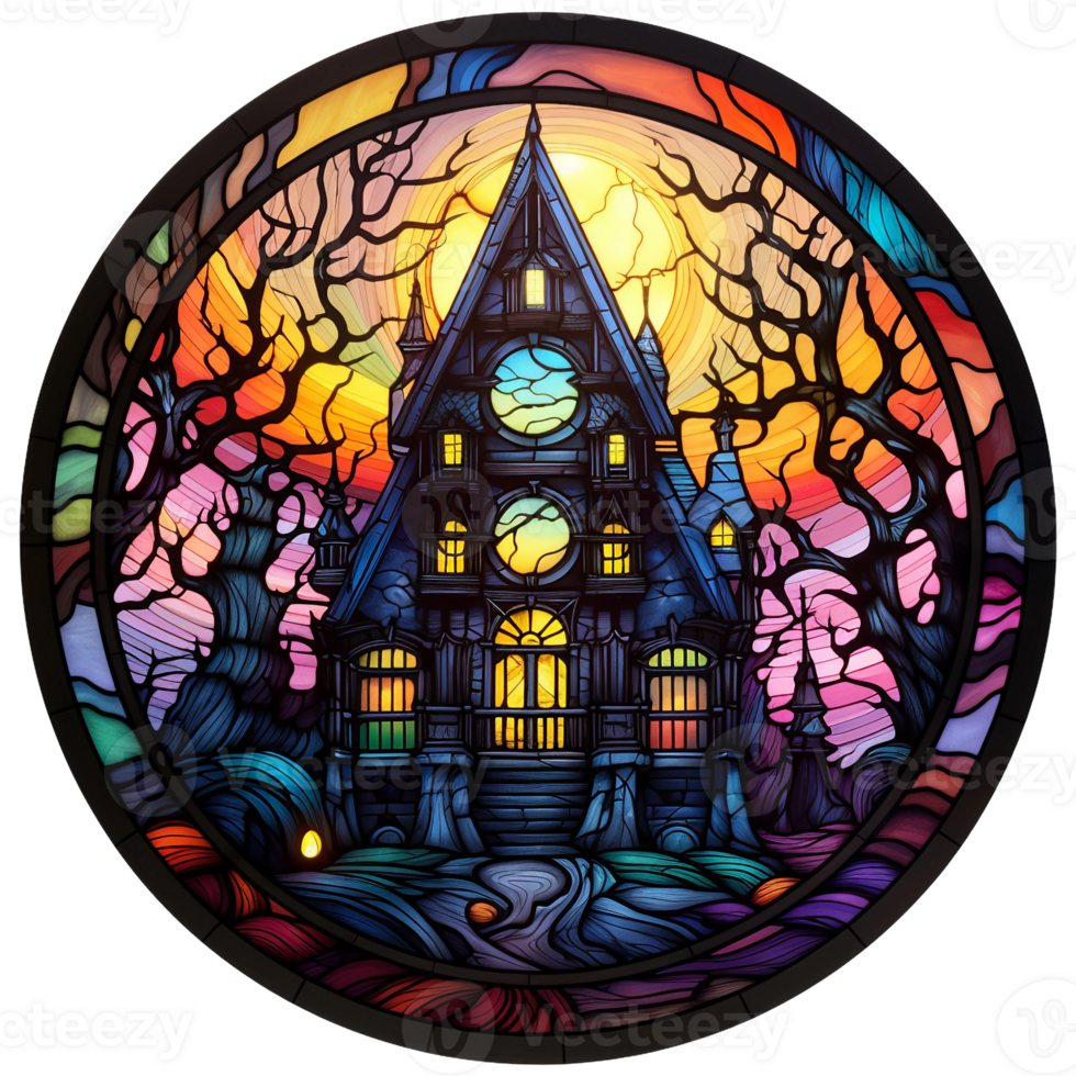 Stained glass halloween haunted house round illustration clipart, gothic dark night, haunted tree, yellow and colorful night AI Generated png