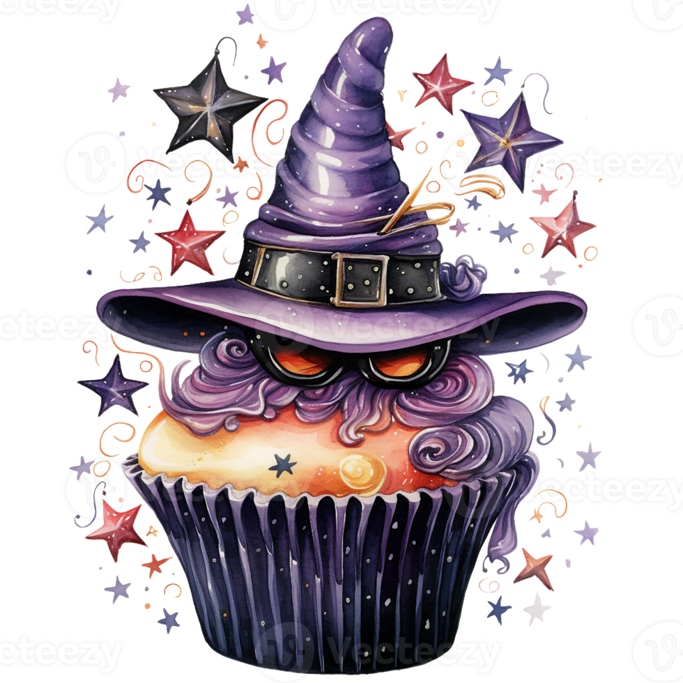 Halloween cup cake with orange scary pumpkin on top  wearing witch hat watercolor digital clipart AI generated png