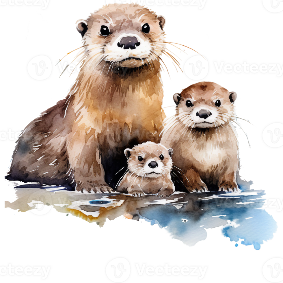 Otter mom and family of 3 otter looking at camera, watercolor digital clipart AI generated png