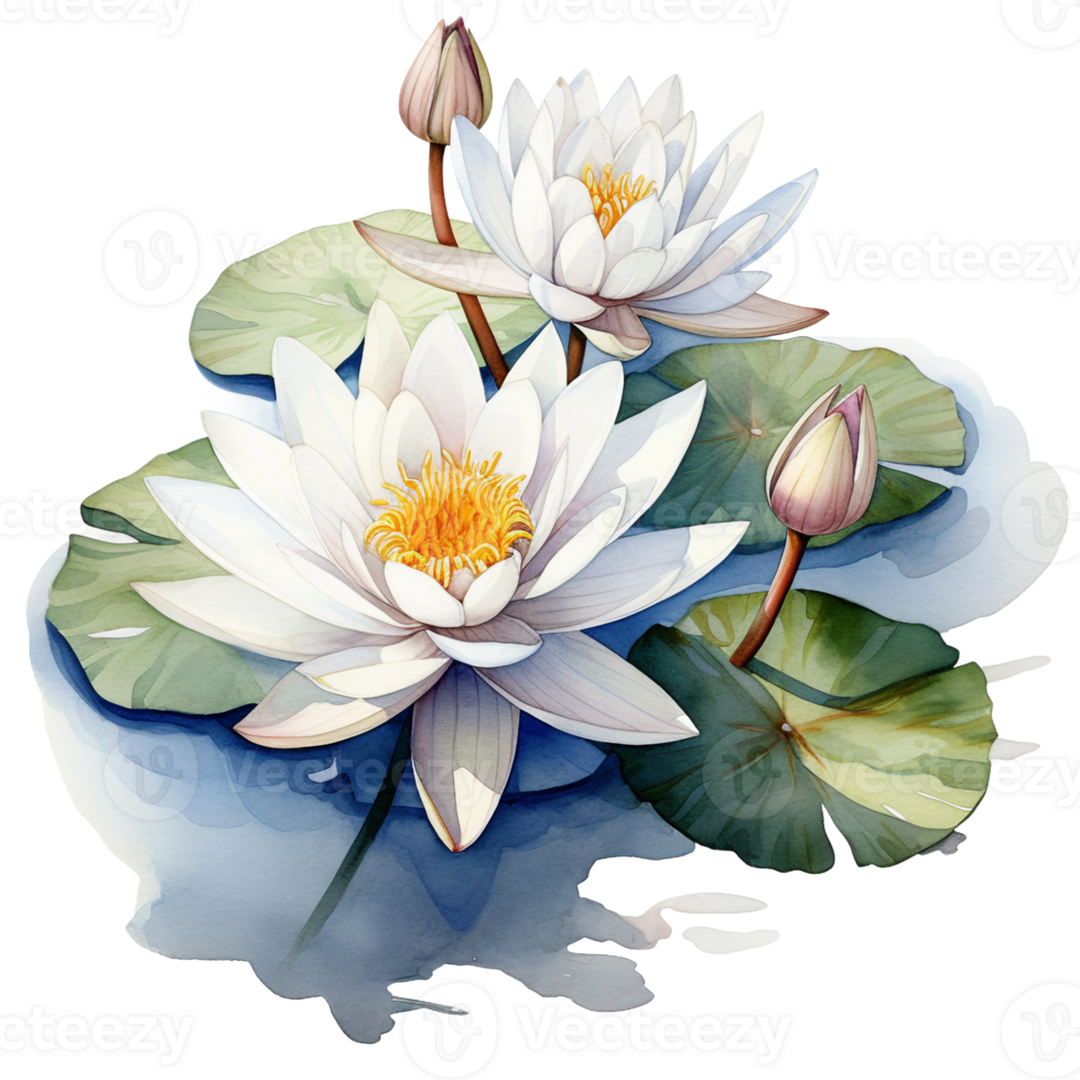 Blooming water lilies,lotus flower floating on water, digital watercolor clipart AI generated png