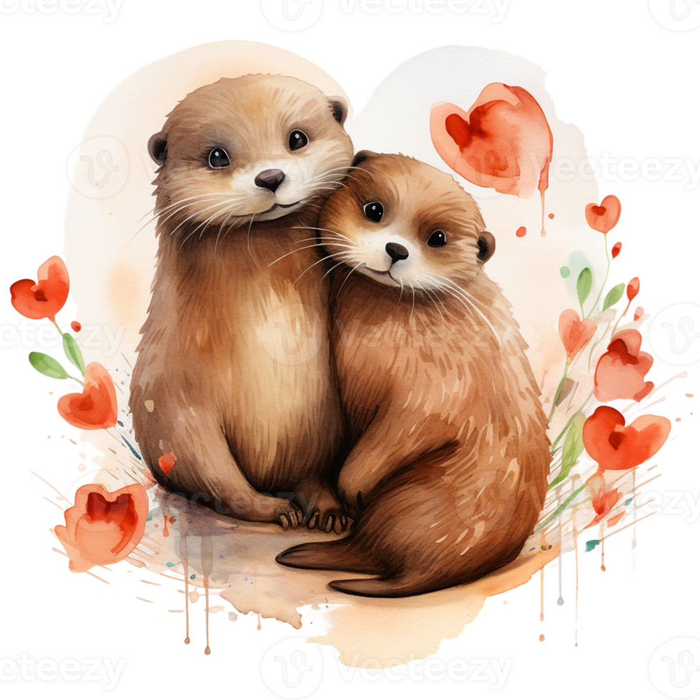 Two otter couple with heart sign and flower, watercolor digital clipart AI generated png