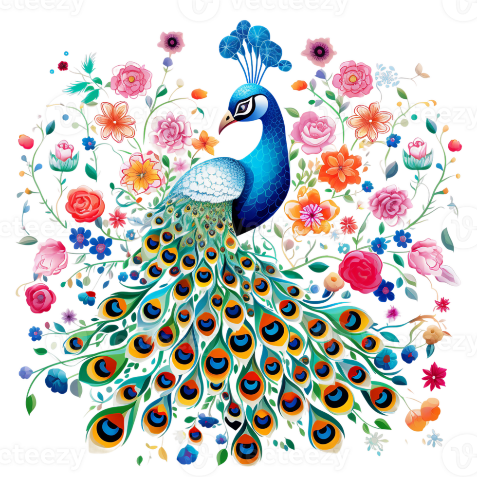 a Beautiful peacock with colorful feathers open, digital clipart, blue, green and vibrant colors  AI Generated png