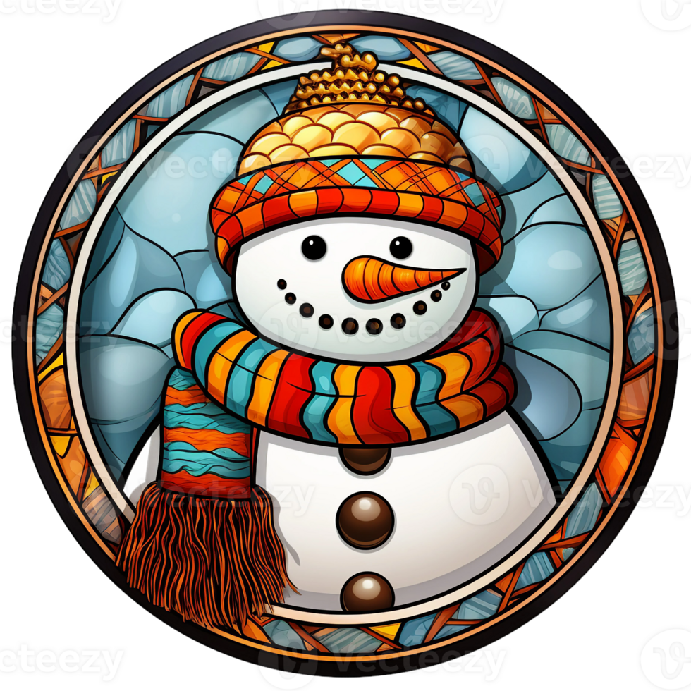 Stained glass Christmas snowman with slouchy hat round digital illustration AI generated png