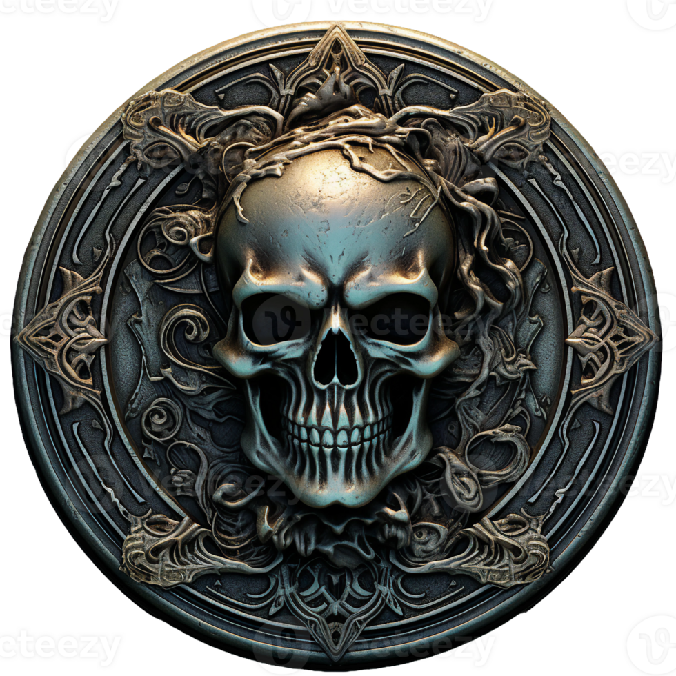 【在庫僅少】 Grim Gothic Distressed Illustration, Skull with Coin 絵画