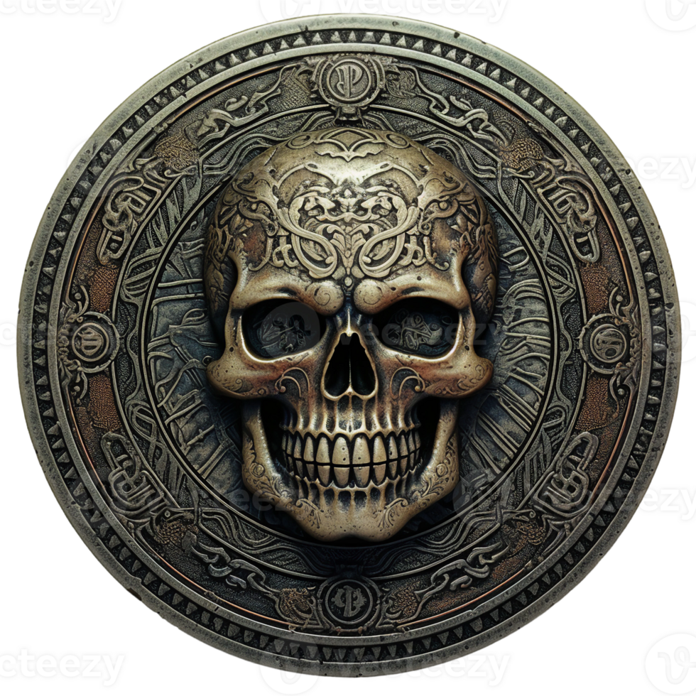 Ancient Gothic Skull on Distressed Metal Coin, Vintage Artwork AI Generated png