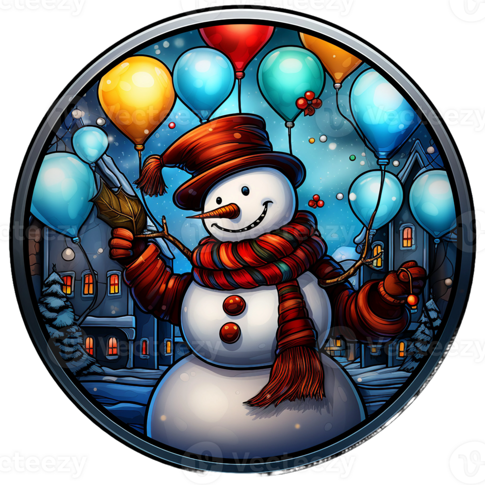 Stained glass Christmas snowman with colorful baloon round digital illustration AI generated png