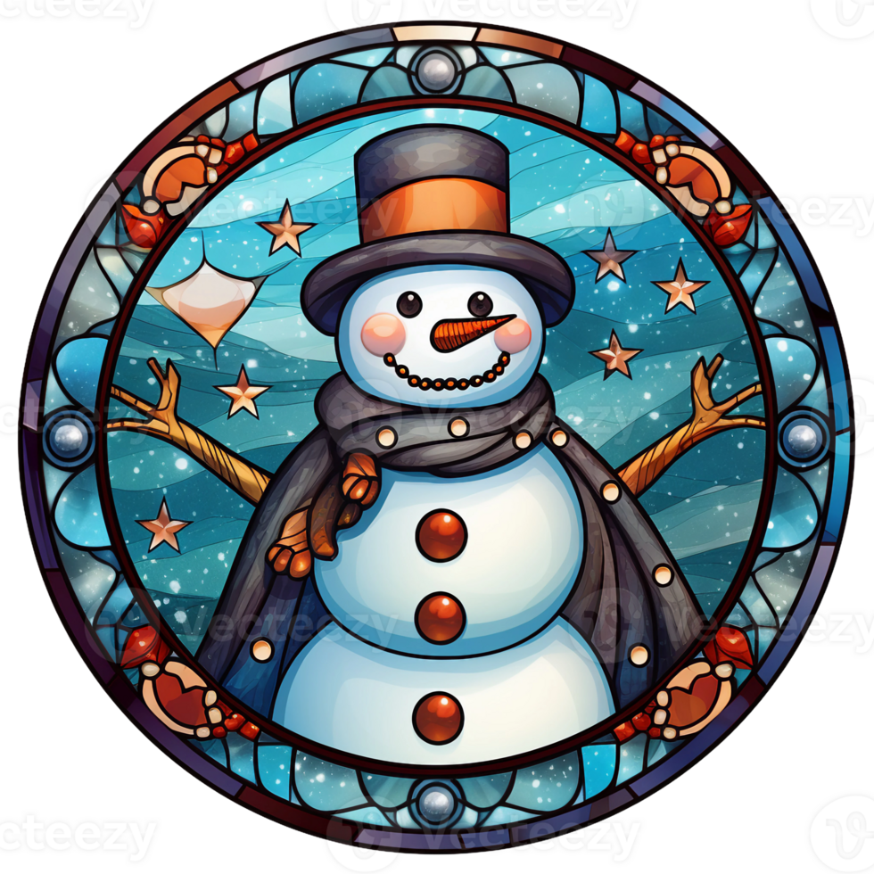 Stained glass Christmas snowman with gentle man hat round digital illustration, AI generated png