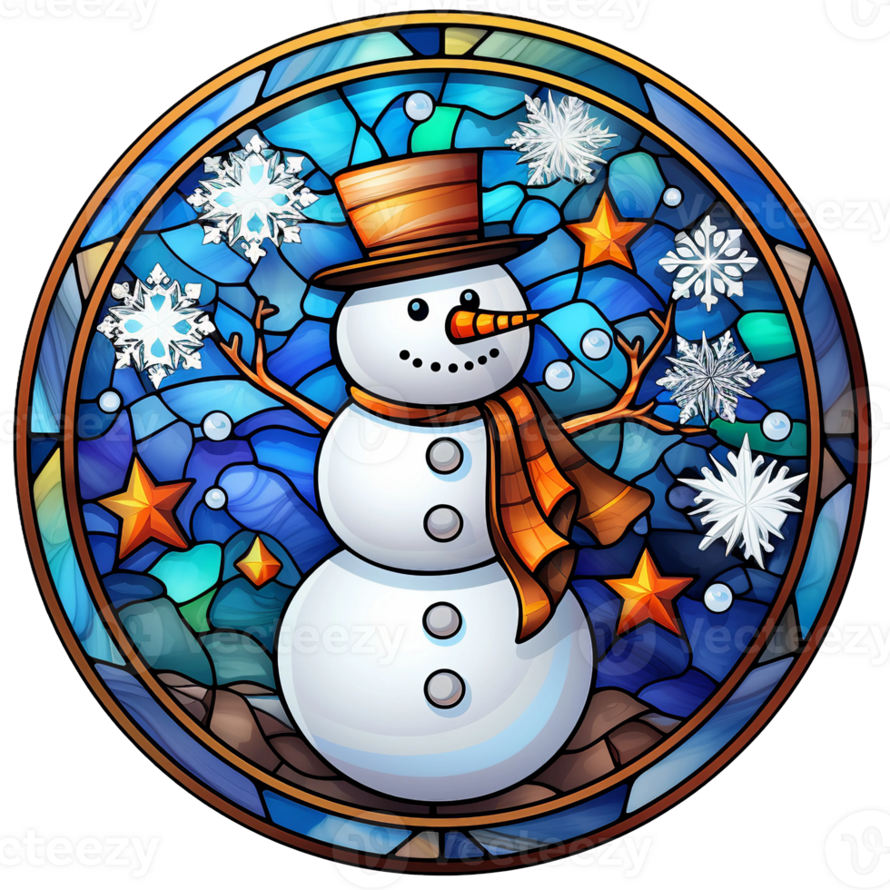 Stained glass Christmas snowman, snowflake, star and blue colored round digital illustration AI generated png