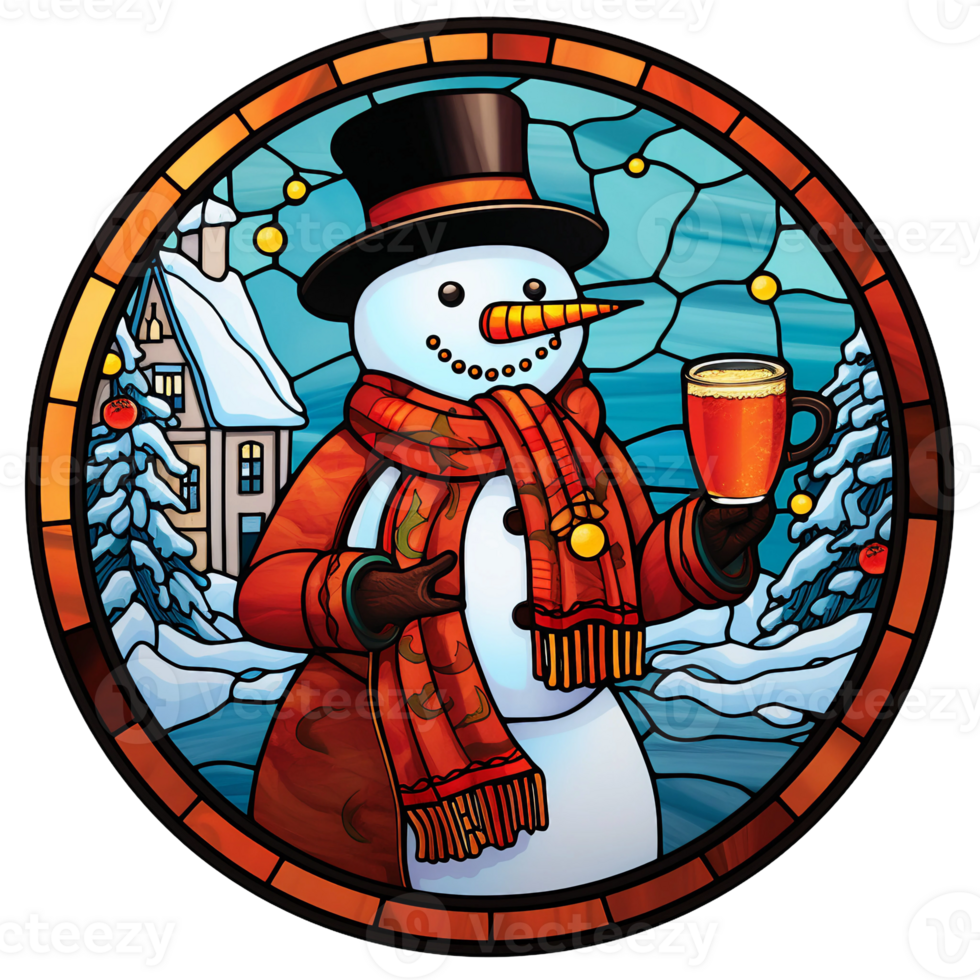 Stained glass Christmas snowman hold wine round digital illustration, winter scene AI generated png