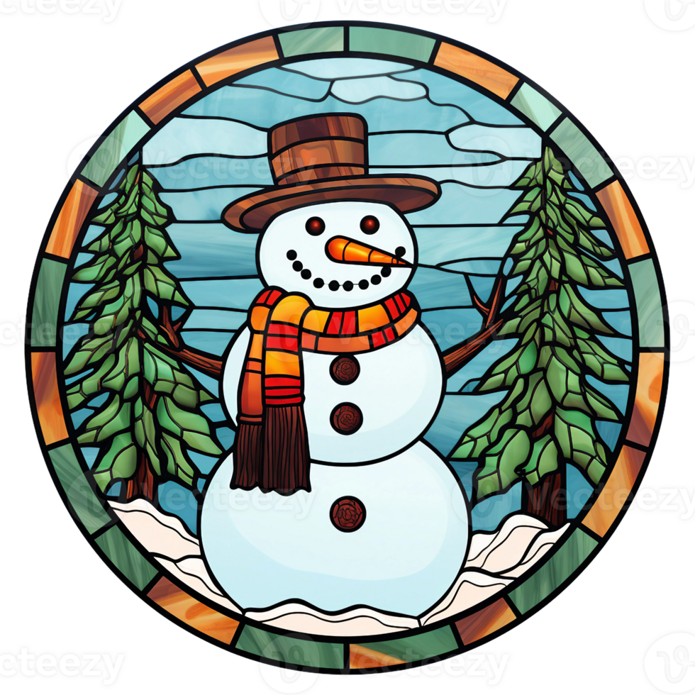 Stained glass Christmas snowman with christmas tree, green pine tree round digital illustration AI generated png